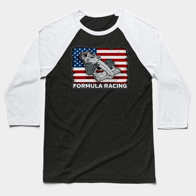 Formula Racing Car American Flag Baseball T-Shirt by RadStar